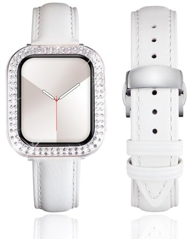 BINLUN Leather Strap Compatible with Apple Watch 45mm 44mm 41mm 40mm Women Leather Band with Glitter Diamond Rhinestone Case Compatible with iWatch Series 9/8/7/SE2/SE/6/5/4(45mm, White)