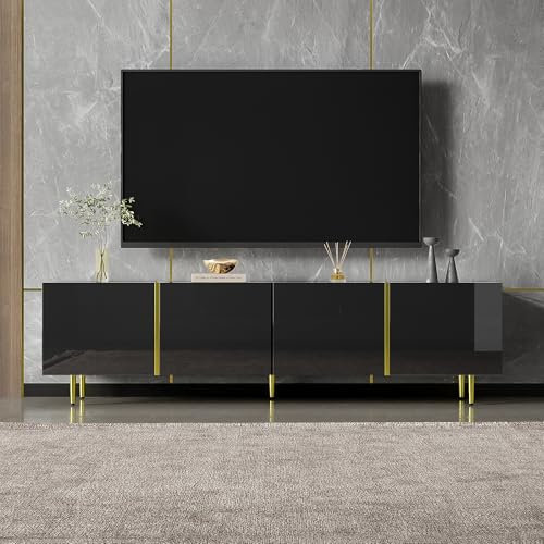 Merax Meuble TV brillant avec 4 portes en noble combinaison de couleurs noir et doré - 170 cm - Charnières à fermeture douce - Sans chaise - Noir