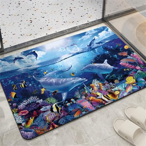 Tapis De Bain Monde Sous-marin Bleu Tapis De Bain Antidérapant Tapis De Bain Terre De Diatomées Tapis De Sol à Séchage Rapide Pour Cabines De Douche, Baignoires Et Lavabos (Couleur 1,40x60 cm)