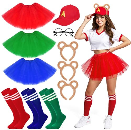 iZoeL Karneval Streifenhörnchen kostüm Damen Mädchen, Chipmunks Ohren HaarreifenTutu Rock Rote lange Socken Mütze mit Brief A, Damen Kinder Chipmunks Kostüm Karneval Fasching Mottoparty Halloween