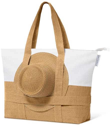 Reiseresa Beach Bag for Women Large Beach Tote with Zip and Hat Holder Strap, Waterproof Swimming Bag, Woven Beige