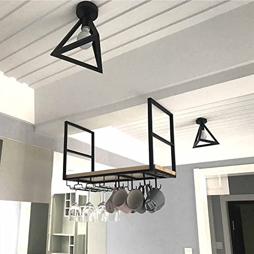 SZITW Portabicchieri da Vino sospeso in Ferro battuto con portabottiglie Galleggiante in Legno massello, Decorazione per Cucina e Bar