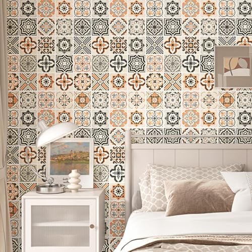 Yullpaper Vintage Wallpaper for Living Room Beige and Orange Sticky Back Plastic Patterned Boho Style Lining Paper for Walls Shabby Chic Wallpaper Beige Vinyl Wrap for Furniture Cupboards 40 x 200cm