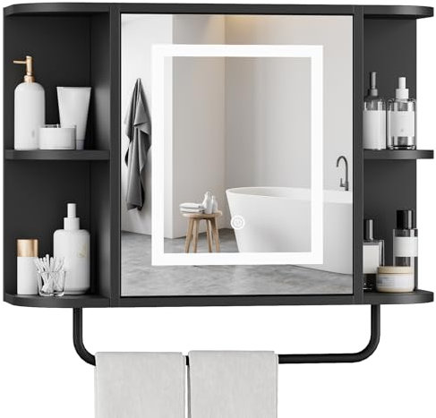 MAHANCRIS Bathroom Wall Cabinet with Mirror, Mirrored Medicine Cabinet with 3 Colors LED Light and 4 Open Shelves, Wall Mounted Over The Toilet Storage Unit with Adjustable Shelf, Black AWCBK33KE01