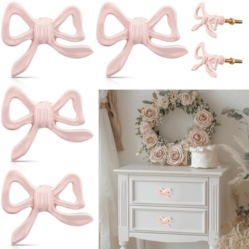 MorningRo Bow Knobs for Dresser,Bow Drawer Knobs, Coquette Dresser Handles, Decorative Handles for Home Bedroom Hardware Cabinets Kitchen Glass Door Wardrobe (4, Pink)