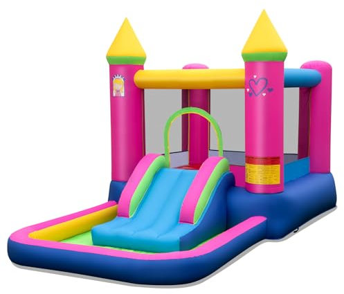 GOPLUS Casa Inflable Saltarina, Castillo de Princesa con Tobogán, Piscina de Pelotas, Aro de Baloncesto, Bolsa de Transporte, Castillo Inflable sin Ventilador, para Niños de 3-12 Años