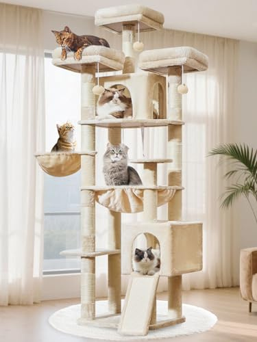 Taoqimiao Cat Tree, 193 CM Tall cat tower Cat Tree for Indoor Cats | floor to ceiling cat tree with 7 Sisal Scratching Posts, 3 Top Perches ,Cozy Condos, Metal Hammock, Beige MS047M