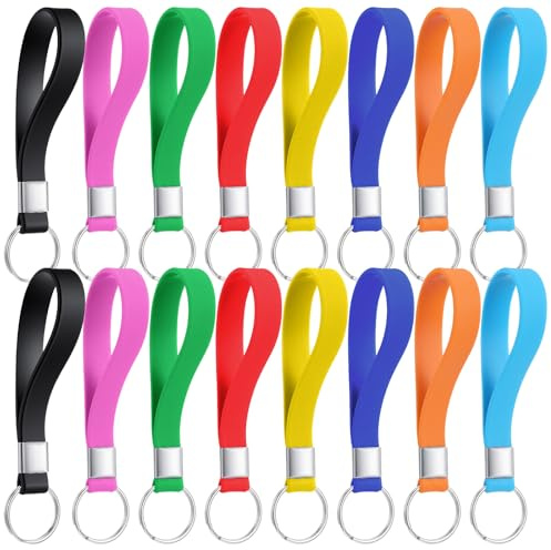 Elegaperma 16Pcs Key Rings Hoops with 8-Color Silicone Identification Loops | Silicone Keyring Loop Fobs,Large Keyring with Tags,Elastic Wristlet Keychain for Keys,Hanging Tags,Labels