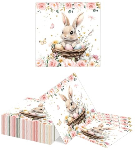 Kotkiddy 40 Stück Osterhase Ei Thema Papierservietten Einweg Rosa Blumen und Schmetterlinge Design Hasen Ostereier Servietten für Decoupage Dinner Party Hochzeit Baby Dusche Geburtstagsfeier