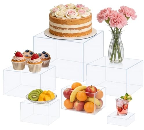 Buffet Risers 6 Pcs Cake Food Display Risers w/Mini Signs & a Pen Acrylic Catering Dessert Jewelry Figures Show Collectibles Table Decor Display Stand 8x7x6x5x4x3 Inch Clear Cube Showcase Shelf Boxes
