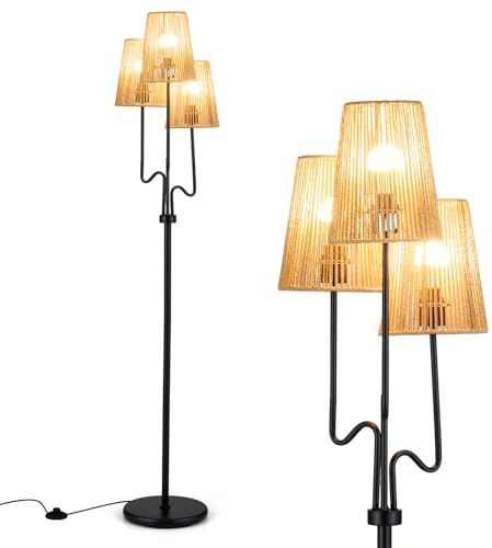 COSTWAY 175cm Stehlampe Wohnzimmer, 3 flammige Stehleuchte mit Metallsockel, Papiergeflecht Lampenschirm, 3 E27-fassungen & Fußschalter, Leselampe für Wohnzimmer, Schlafzimmer, Büro