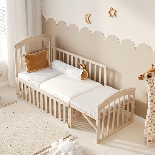 SUKY Mehrfunktionales Holz-Babynetzbett, mit Wickeltisch, klappbarem Ablagerack, verlängerbar, als Nebenbett nutzbar, ohne Matratze, 120 * 60 * 95cm (um 40cm verlängerbar), Natürlich