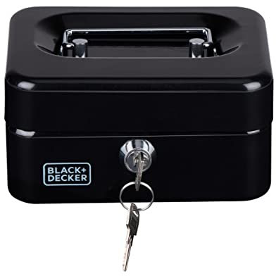 BLACK+DECKER Spardose mit Schlüssel - Herausnehmbare Schublade mit 6 Fächern - Inkl. 2 Schlüsseln - 20 x 16 x 9 cm - Metall - Schwarz