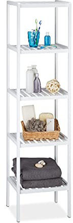 Relaxdays 2 x Bambus Badregal mit 5 Ablageflächen, HxBxT: 139,5 x 34,5 x 33 cm, hohes Standregal, Küchenregal, weiß