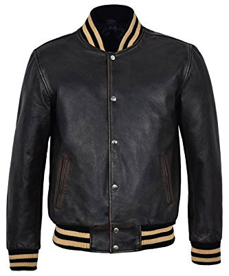 Baseball-College-DJ-Männer Varsity Slim Fit Biker stilvolle Vintage Black Rub Off Hip Hop Rap 100% Lederjacke (XL)