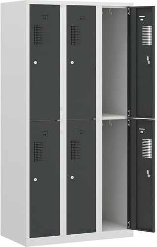 QUIPO eurokraft | Basic | Garderobenspind | doppelstöckig | 3 Abteile | Breite 900 mm | 6 Fächer | lichtgrau/basaltgrau