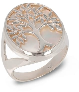 Aden Bague Argent 925 Nacre Blanche Arbre Vie Ajouré Ovale | Nacre blanche irisée naturelle, motif floral ciselé à jour, 5g légère, argent 925 poinçonné, entretien simple au chiffon