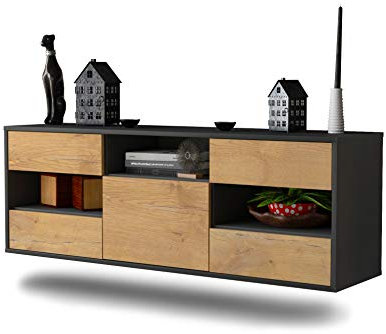 Dekati Lowboard St. Louis hängend (136x47x35cm) Korpus anthrazit matt - Front Holz-Design Eiche - Push to Open - hochwertige Leichtlaufschienen