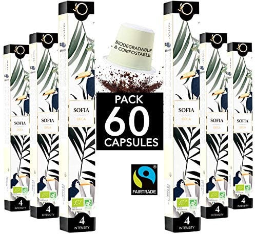 ORIGEENS Capsules Nespresso Compatible | Café BIO Fairtrade Arabica Décaféiné sans solvant SOFIA | 60 Capsules Compostables | Torréfaction Artisanale