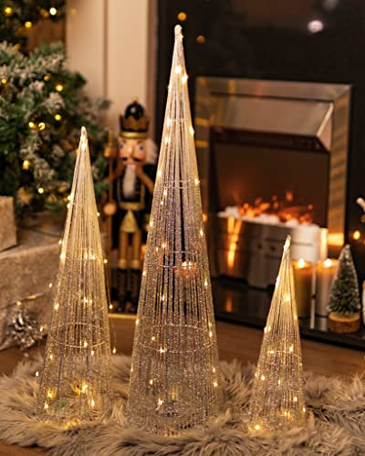 Marco Paul Set of 3 Christmas Lighted Cone Tree, Outdoor Artificial Xmas Trees Decorations, Tabletop Decorations, Battery Powered, Light Up Glittered Small Spiral Trees Ornaments Decor
