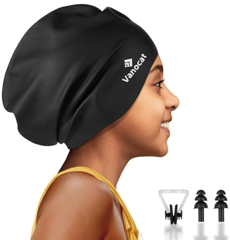 Kids Extra Large Swim Cap for Long Hair, Waterproof Silicone Swimming Caps for Boys Girls Children Youth Teen, Large Swim Hat for Long Thick Curly Hair & Dreadlocks Braids Weaves Afro Hair