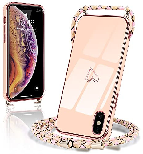 Micoden Handykette kompatibel mit iPhone X,iPhone XS hülle Ultra dünn Kameraschutz Herz Love Design Galvanik TPU Silikon Bumper Kordel zum Umhängen Handyhülle mit Band Schutzhülle,Rosa