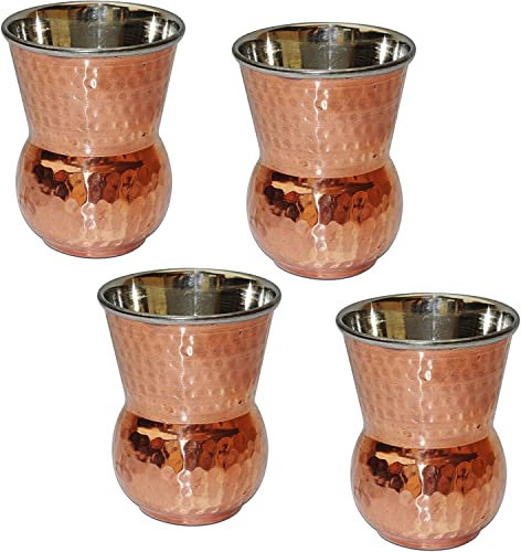 Zap Impex Kupfer und Edelstahl Trinkgeschirr Zubehör Mughalai Becher, 4er Set Glas Fassungsvermögen 400 ml Serviergeschirr für Haushalt und Küche