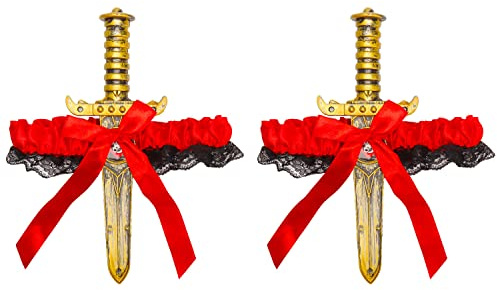2 Pcs Bow Garter with Pirate Dagger Lace Bow Leg Ring Sword Leg Holster for Halloween Carnival Dress Up Props Women Girls Favor,Red