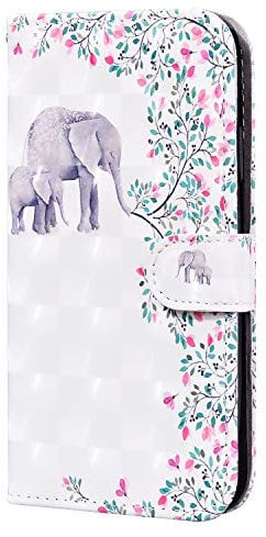 Samsung Galaxy A14 Case, Cute Animal Art Pattern Flip Shockproof Premium PU Leather Wallet Card Slots Magnetic Buckle Stand Bumper Phone Cover for Samsung Galaxy A14 5G/4G Cases, Elephant Flower