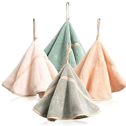 Newdvmmss Lot de 4 essuie-Mains à Suspendre avec Boucle de Suspension absorbante en Polaire Corail pour Salle de Bain - Torchon Doux et épais - Essuie-Mains Ronds,4 Couleurs C