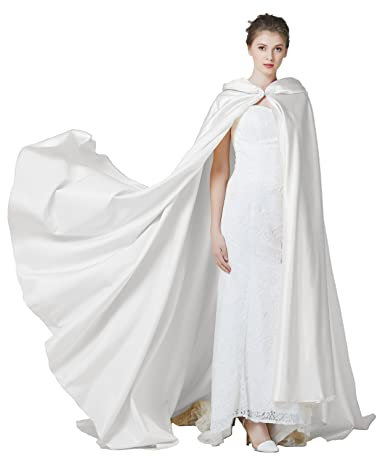 BEAUTELICATE Umhang Damen mit Kapuze Satin Cape Mantel Lang für Hochzeit Brautkleid Fasching Halloween Kostüm Mittelalter Robe Vampir Hexen (Weiß - Langer Schwanz)
