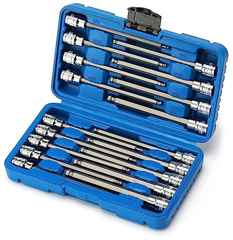 CASOMAN 3/8 Drive Extra Long Ball-End Hex Bit Socket Set, 18 Piece Allen Socket Set, Metric & SAE, 3mm to 10mm, 1/8 to 3/8, CR-V and S2 Steel