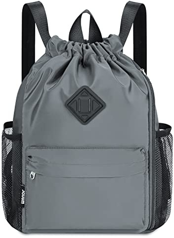 WANDF Drawstring Backpack Sports Gym Bag with Shoes Compartment, Water-Resistant String Backpack Cinch for Women Men(Grey,Medium)
