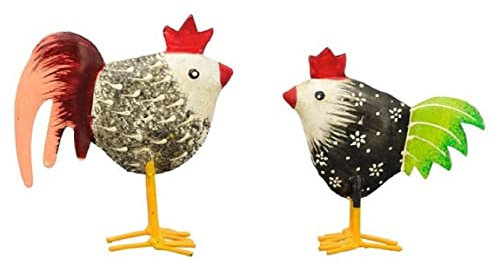 Exner frühlingshaftes kleines buntes Deko-Huhn und Deko-Hahn Metall bemalt im 2er Set schwarz-weiß