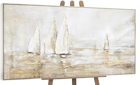YS-Art Abstrakt Acrylbild auf Leinwand Sonnenblendung Segelboote im Meer