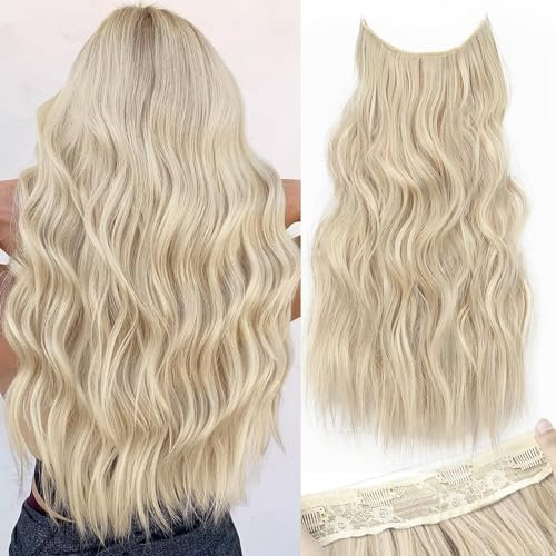 PORSMEER Invisible Hair Extensions Secrets Haarverlängerungen mit Draht Hellbraun Mix Platinblond Synthetisch Verstellbar Lockiges Haar Langes Gewelltes Geheimes Haarteil für Frauen 50cm