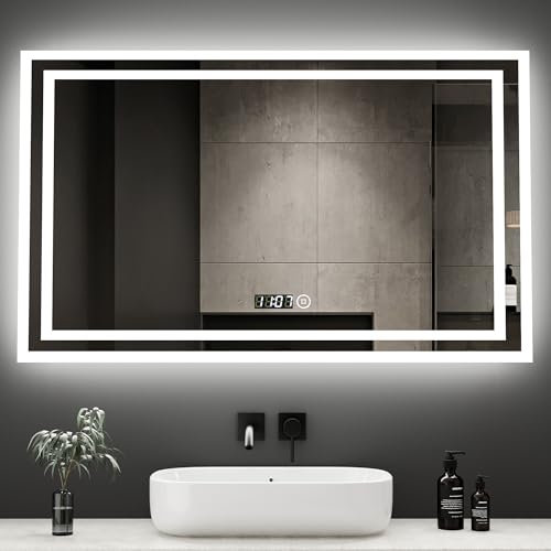 Boromal Badezimmerspiegel 100x60cm Badspiegel mit Beleuchtung und Uhr Badezimmer Spiegel Badspiegel Dimmbar 3 Lichtfarbe Dimmbar Wandspiegel Lichtspiegel LED Spiegel mit Uhr + Touch Schalter