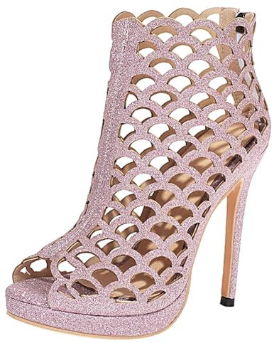 Sandali a Spillo da Donna, Peep Toe Gladiatore Sandali Zip Tacco Alto Sandali con Plateau Brillantini, 17394Uhg Rosa Numero 36 EU