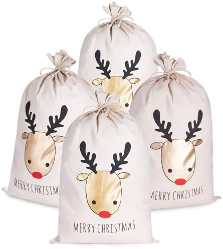 BRUBAKER Weihnachtssack Rentier Gold - Merry Christmas - 80 cm Geschenksack Weihnachten - Nikolaussack Sack Baumwolle mit Kordel zum Verpacken von Geschenken - Rentierkopf - 4 Säcke