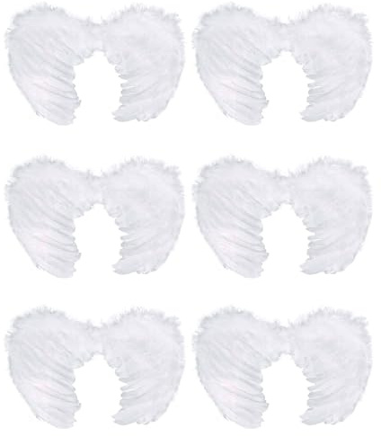 Tradineur - Pack de 6 Alas de ángel con Plumas y Tirantes elásticos, complemento para Disfraz de diablesa, Demonio, Halloween, Carnaval, Cosplay (Blanco - 45 x 35 cm)