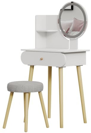 Vicco Schminktisch Edda, Kosmetiktisch mit Spiegel, Weiß, 60 cm mit LED-Spiegel und Hocker