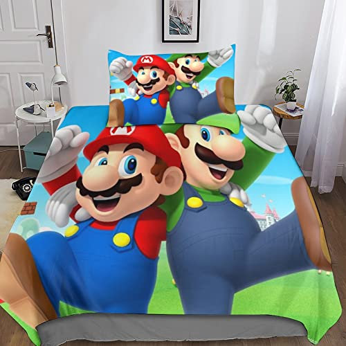 POCHY Luigi's Bettbezug-Set Mit Reißverschluss Für Jungen Und Mädchen Cartoon Mikrofaser-Bettwäsche-Set 3-teilig Weich Warm Leicht Mit Kissenbezüge Single(135x200cm)