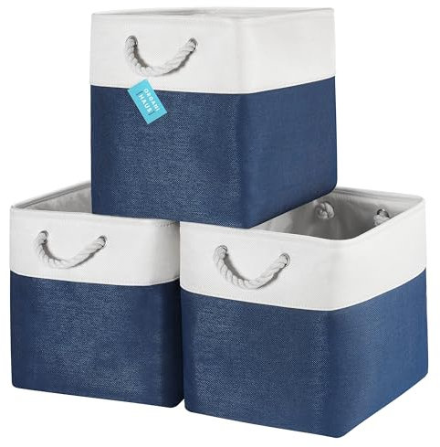 OrganiHaus 33x33 Cube Storage Bins Set of 3, Fabric Cube Baskets for Storage Shelves, Foldable Storage Cubes for Kallax Organizer Cube Bins w Rope Handles, Cubby Bins for Nursery Decor, Navy Blue