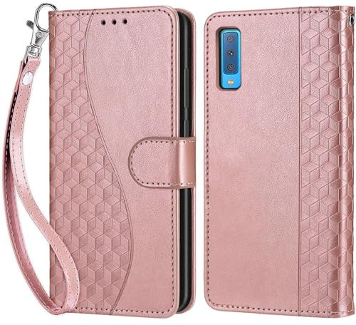 Handyhülle für Samsung Galaxy A7 2018 Hülle, Samsung A7 2018 Hülle, Premium Leder Flip Klappbare Stoßfeste Magnetische [Standfunktion] [Kartenfächern] Schutzhülle Tasche - Roségold