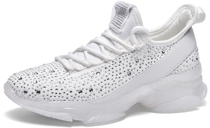 LUCKY STEP Damen Strass Sneaker Glitzer Mode Slip-on Turnschuhe (Weiß, 8US-38EU-5UK)