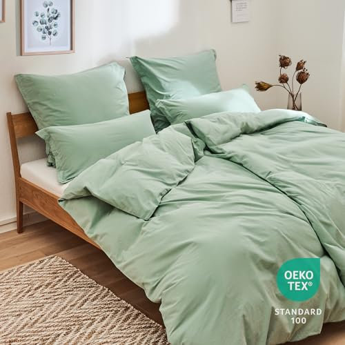 Blumtal Bettwäsche 2X 135x200cm 4teilig mit Kissenbezug 2X 40x80cm - Bettbezug leinenartige Baumwolle, ähnlich wie Leinenbettwäsche135/200 - Oeko-TEX zert. Sommerbettwäsche Stone Washed Sommergrün