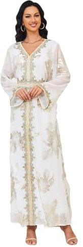 Weißes afrikanisches Kleid mit floralem Muster, Goldprägung, türkisches Abaya, langärmelig, V-Ausschnitt, Gürtel, Weißes Kleid, Small