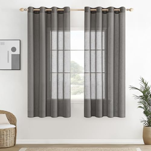 EMEMA Voile Vorhang Sheer Leinenvorhang Transparente Leinen Gardinen Ösenschal Wohnzimmer Wohnzimmer Modern 2er Set Fensterschal Dekoschal Schlafzimmer mit Ösen 140 x 145cm (B x H) Dunkelgrau