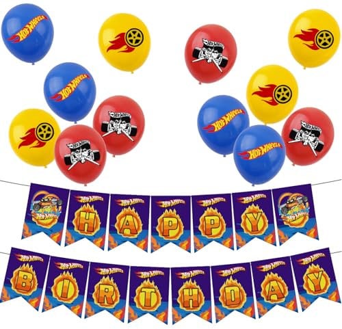 Hot Wheel Cars Birthday Decorations Cars Party Pack,1pcs Happy Birthday Hot Wheel Car Banner and 12pcs 12inch Balloons for Kids Boys HotWheel Car Birthdays Party Supplies