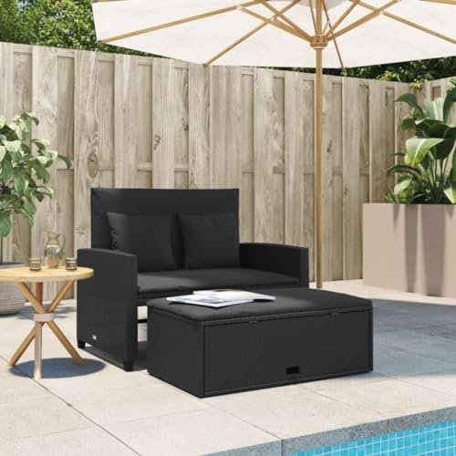 Homgoday Gartensofa mit Kissen 2-Sitzer Terrassensofa Lounge Sofa Fußhocker Sitzgruppe Gartenbank Bank Rattansofa Gartenmöbel Terrassenmöbel Schwarz Poly Rattan